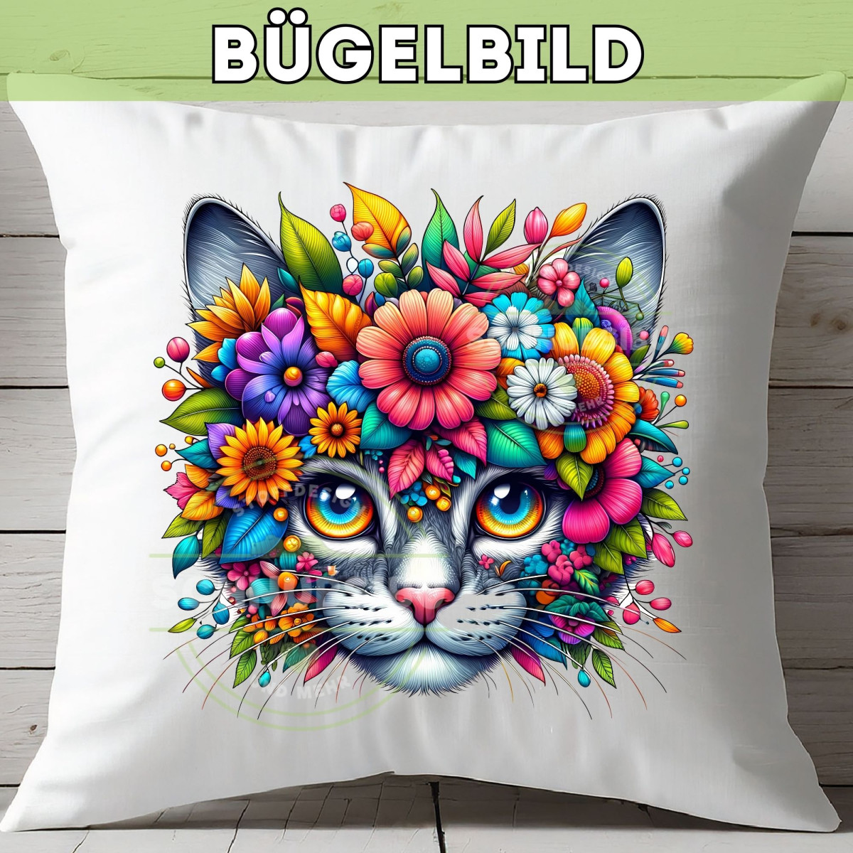 Bügelbild Blumen-Katze